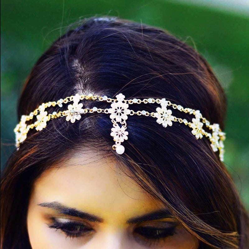 Yalice Indian Flower Head Chain Jewelry Gold Crystal Headband Elastic Goddess Headpieces Rhinestone Wedding Hair Chain Jewelry for Women(Gold-1) - Image 5
